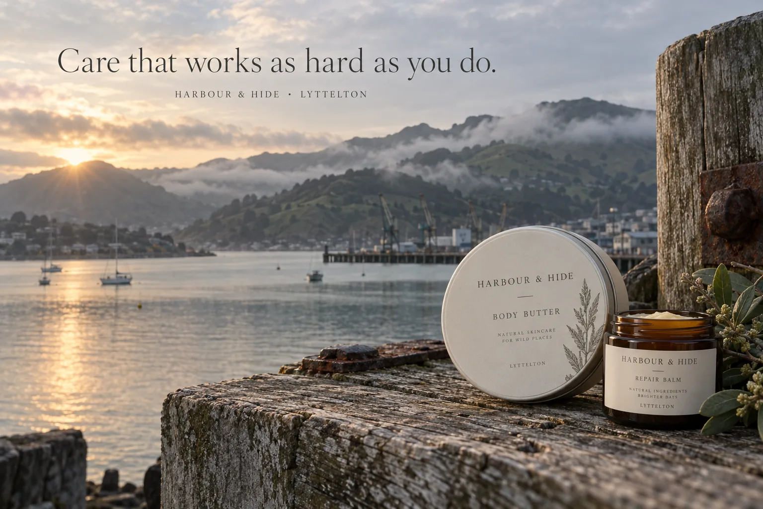 Web banner: Lyttelton Harbour at dawn with Harbour & Hide products, headline Care that works as hard as you do.