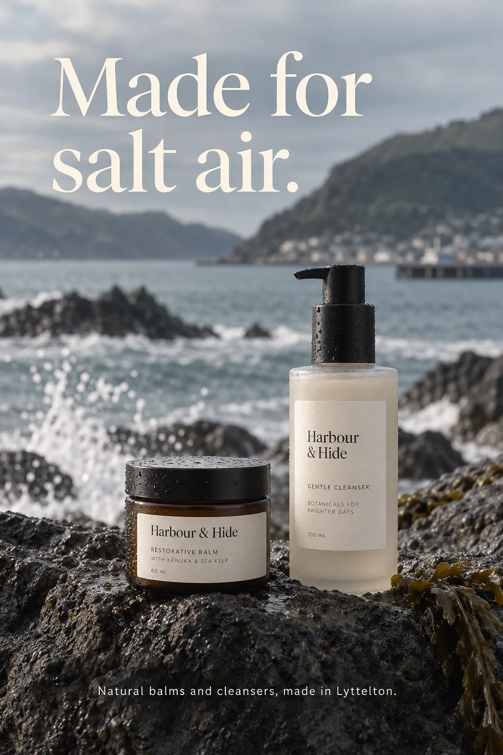 Ad for Harbour & Hide: a balm jar and a cleanser on dark coastal rock, headline Made for salt air.