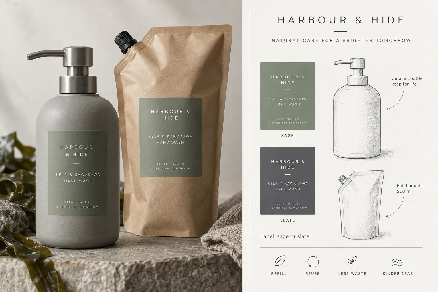 Product concept board: a ceramic hand wash bottle and refill pouch with label options and sketches.