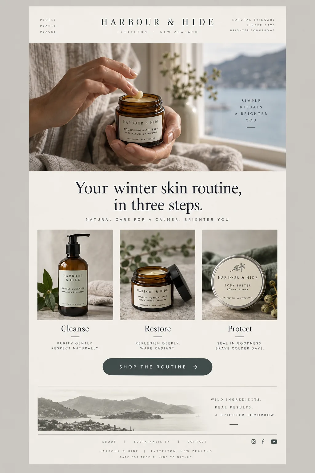 A graphic email for Harbour & Hide: Your winter skin routine, in three steps, with Cleanse, Restore and Protect.