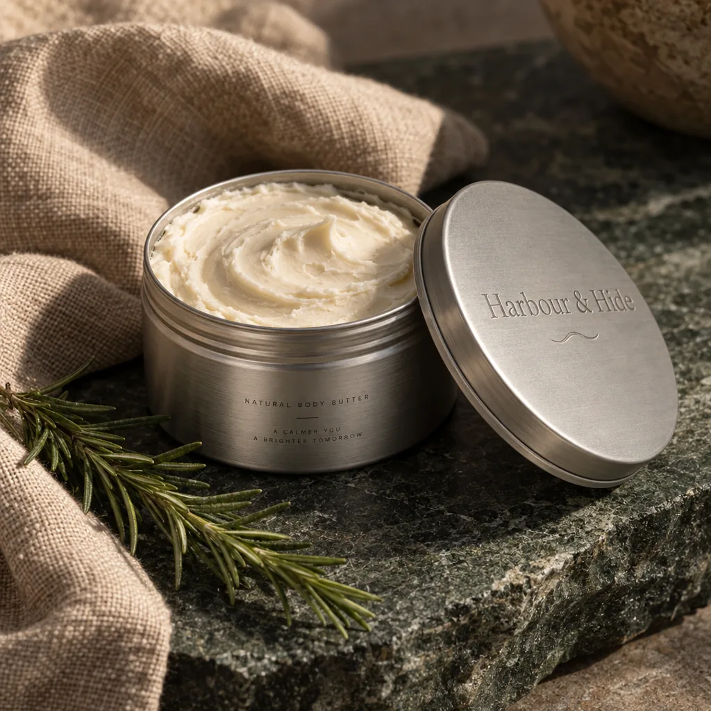 Product shot of an open tin of whipped body butter on dark stone.