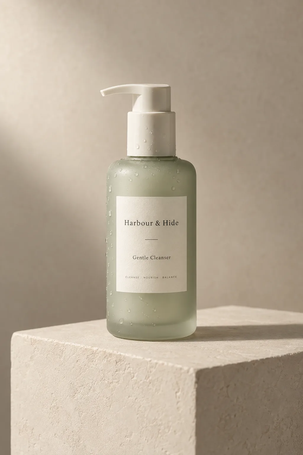 Product shot of a frosted sage cleanser bottle on a plaster plinth.