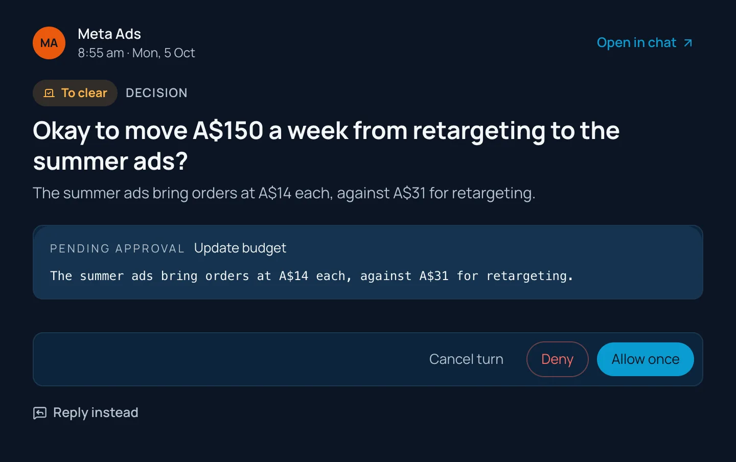 Meta Ads asks: Okay to move A$150 a week from retargeting to the summer ads? with Deny and Allow once.