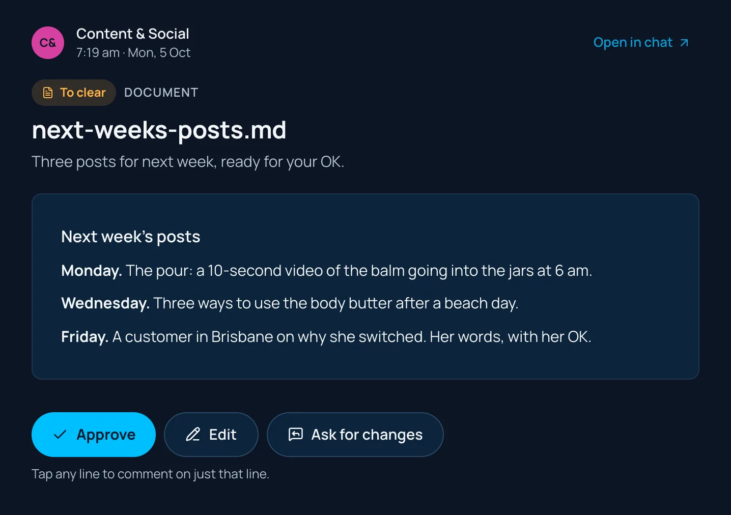 One Tastegate item in the real app, from a fictional business: next week&rsquo;s posts, with Approve, Edit and Ask for changes.