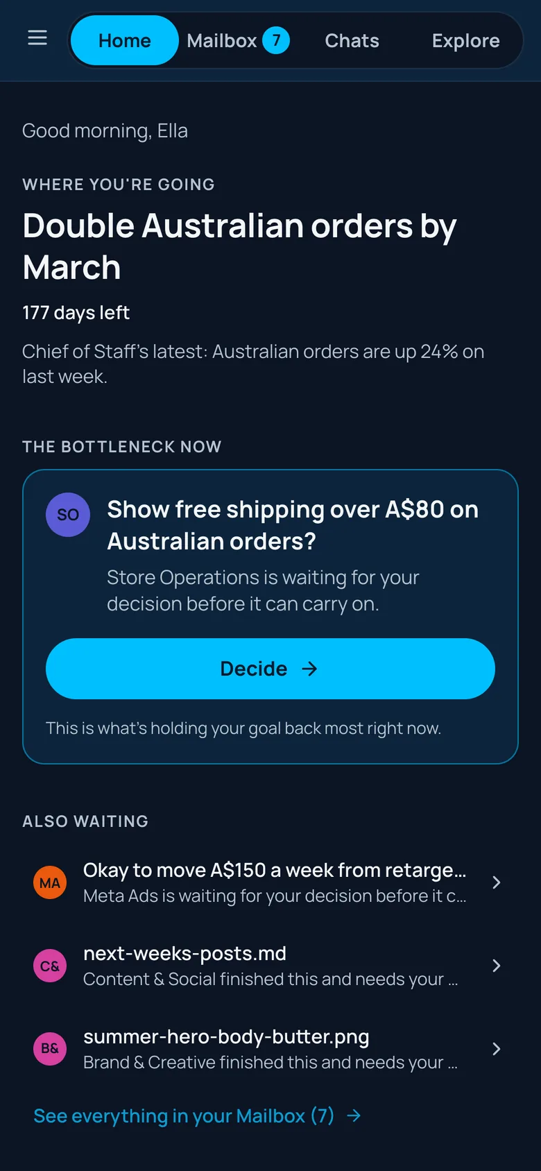 Junction's Home on a phone: the goal, the bottleneck and a Decide button.