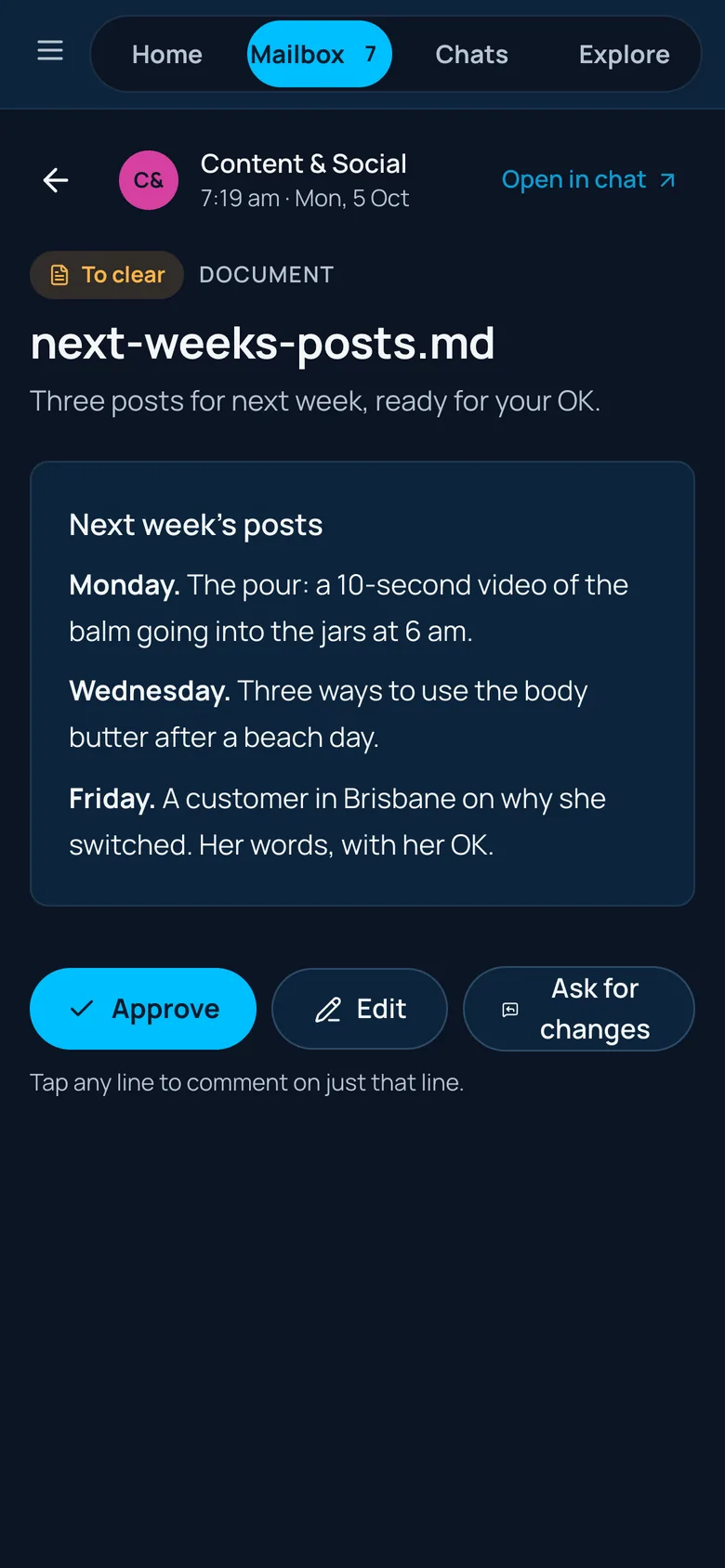 Next week&rsquo;s posts open in the Tastegate on a phone, with Approve, Edit and Ask for changes.