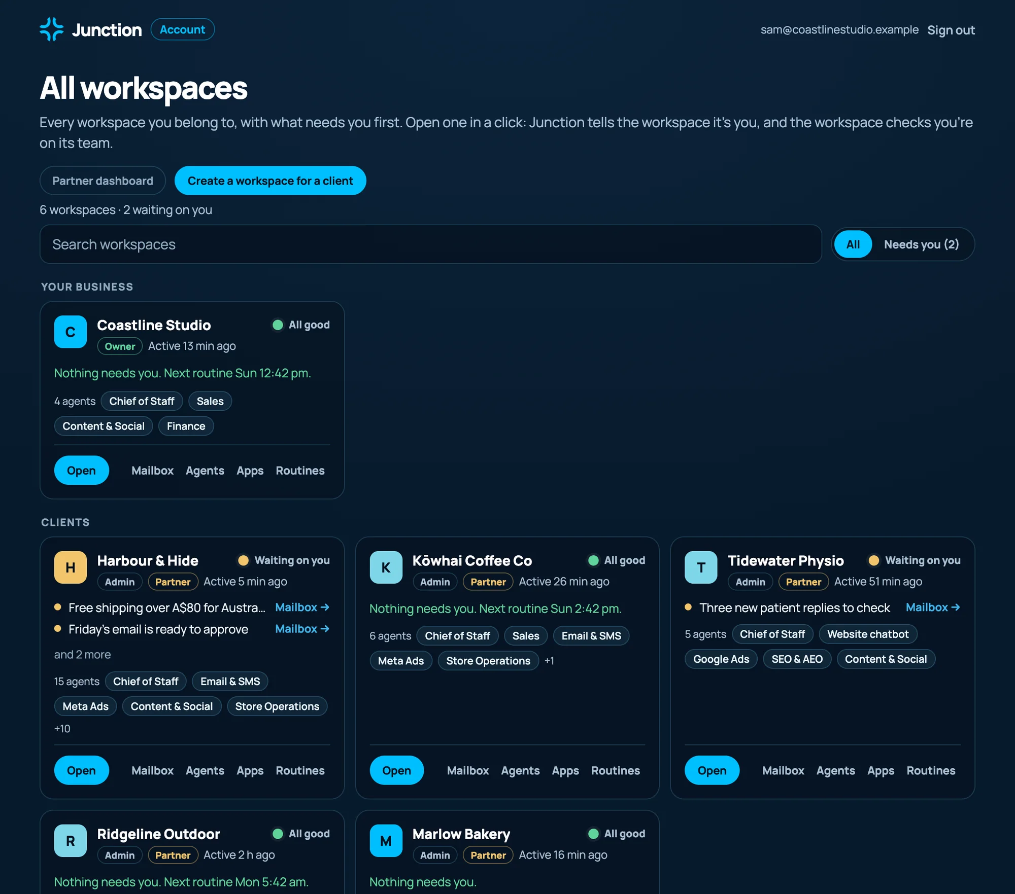 All workspaces in a partner's Junction account: their own studio, then client workspaces with what needs them, each with Open, Mailbox, Agents, Apps and Routines links. One client is still being set up.