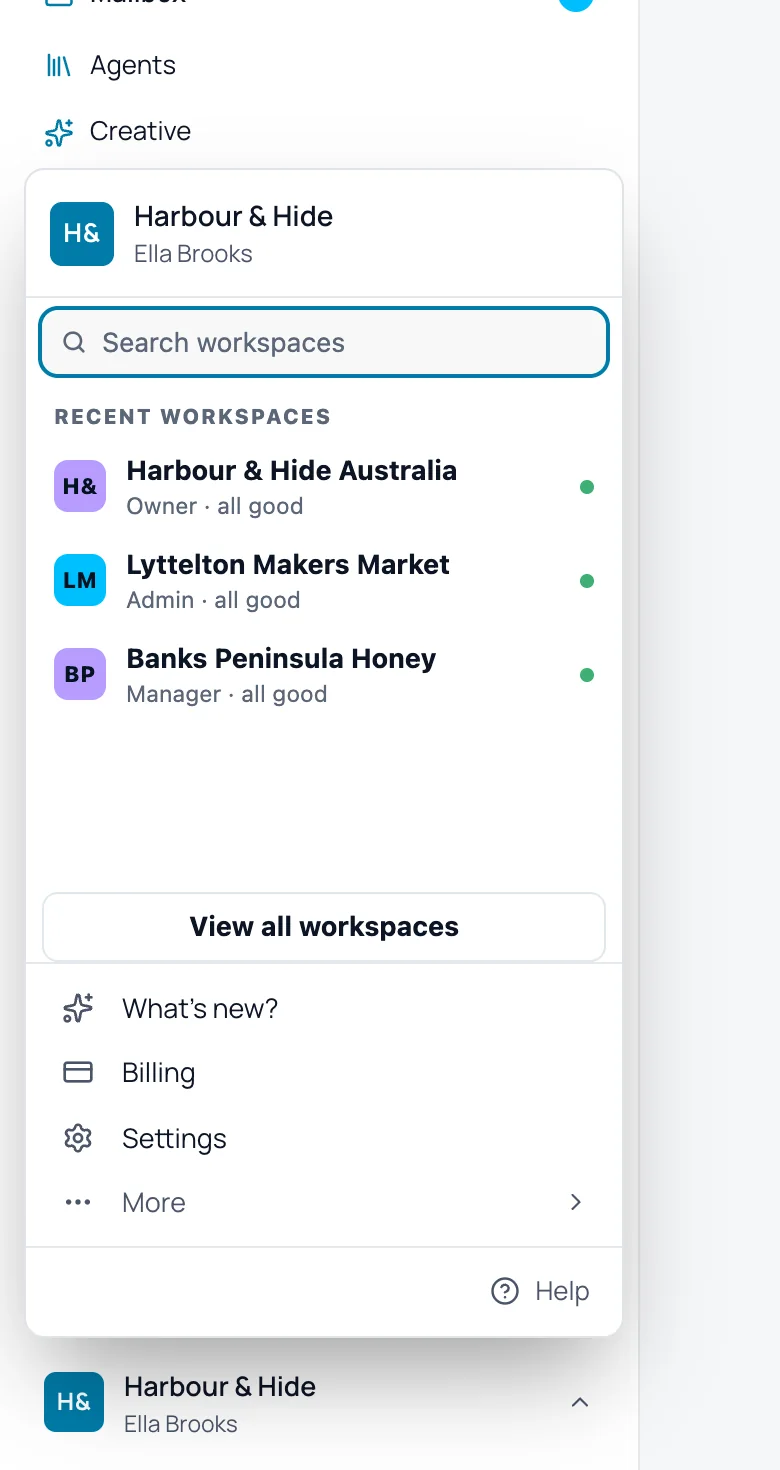 The account menu in Junction: search workspaces, recent workspaces with their status, View all workspaces, What's new, Billing and Settings.
