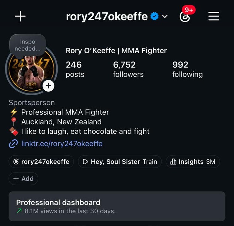 Rory O'Keeffe's Instagram now — 6,752 followers and 8.1M views in the last 30 days