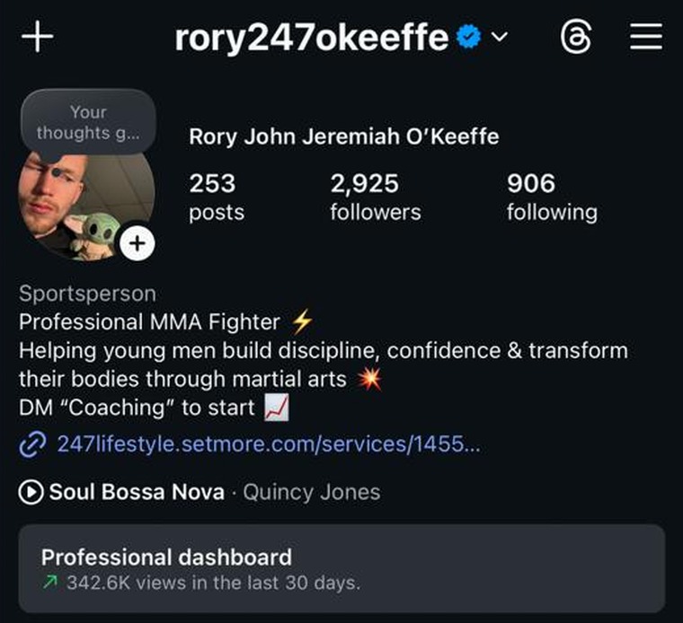 Rory O'Keeffe's Instagram on 5 April — 2,925 followers and 342.6K views in the last 30 days